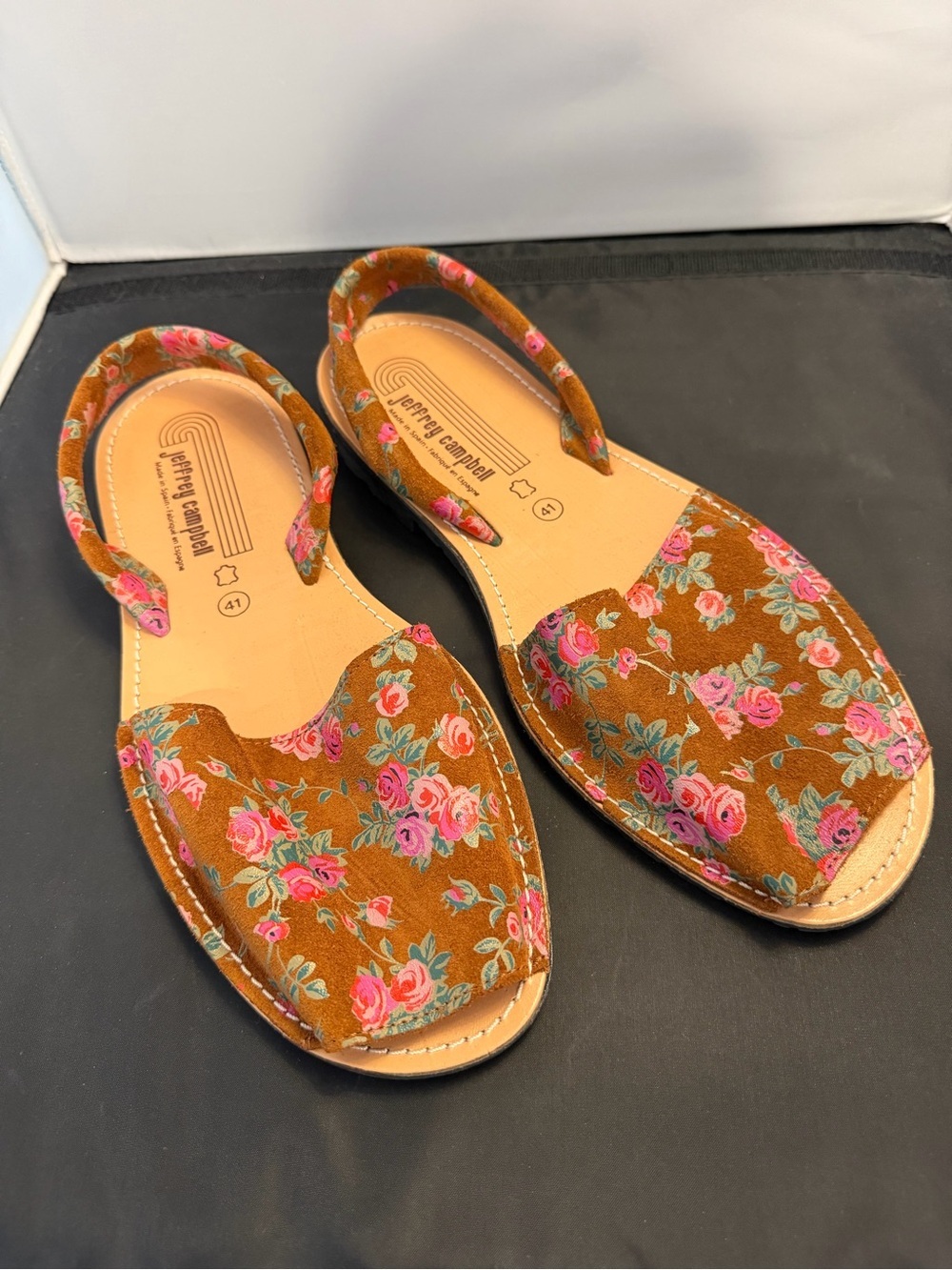 NWT Jeffery Campbell Ibiza Floral Avarca Flat Leather Sandals Brown Boho Size 41